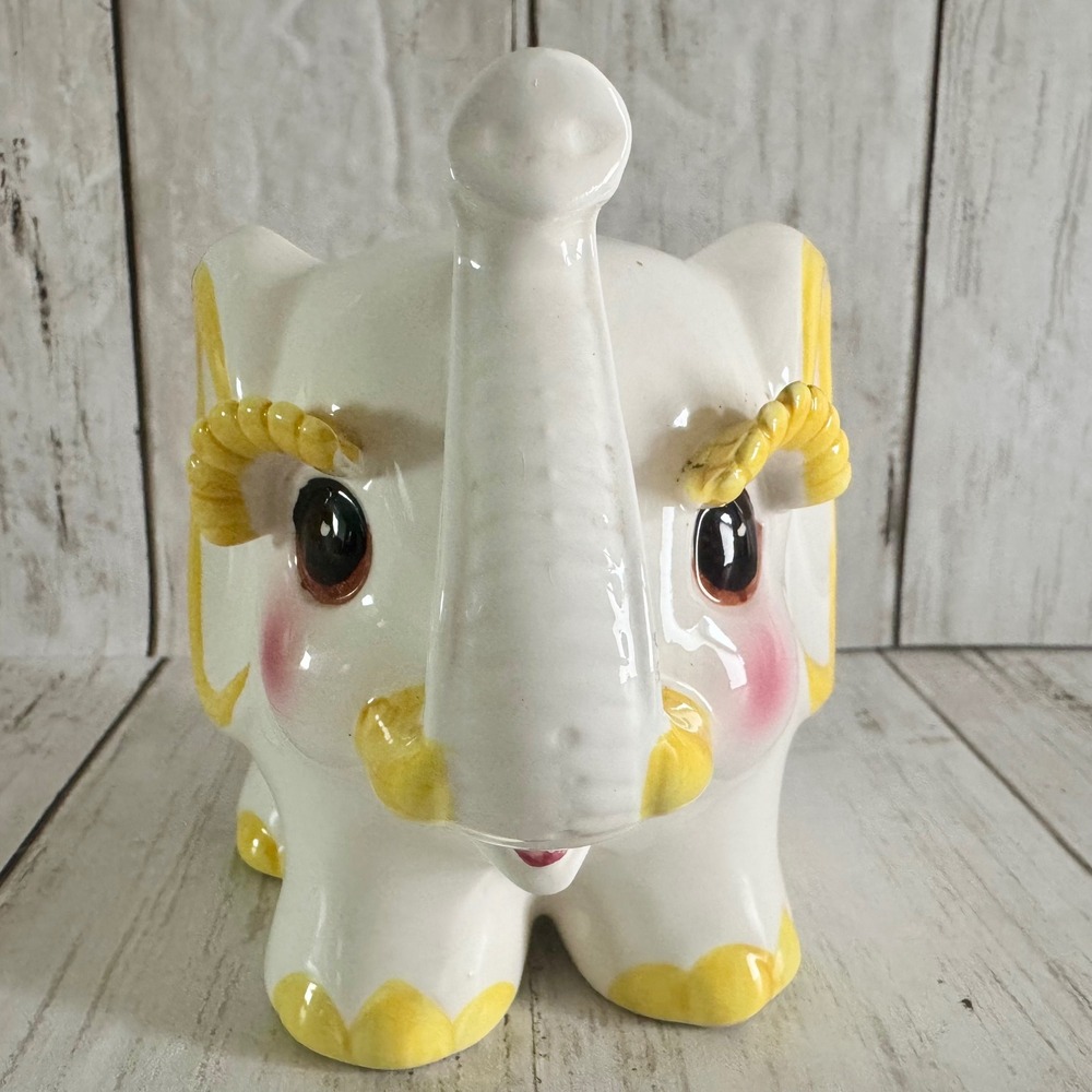 Vintage Inarco Japan Ceramic Elephant Planter White Yellow Lucky Trunk Up